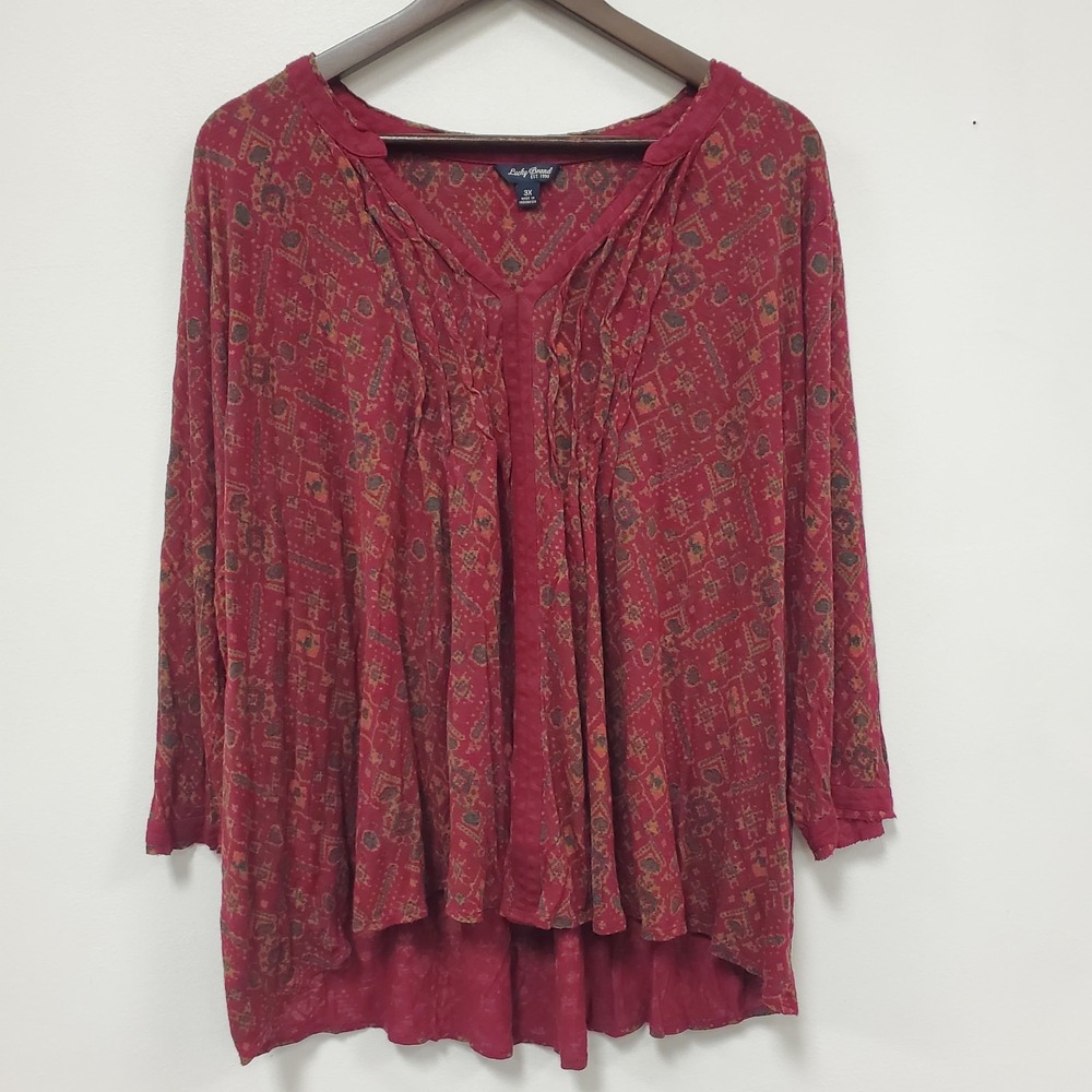 Lucky Brand Womens 3/4 Sleeve Bohemian Boho Top Size 3X Red Aztec V Neck Pleated